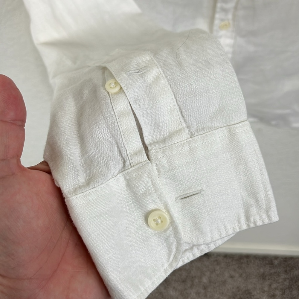 AllSaints White Linen Button-Down Shirt with Subtle Logo - Picture 3 of 6